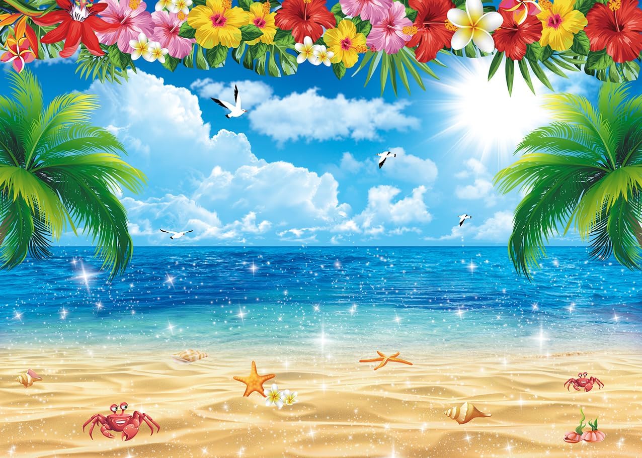 XCKALI Summer Hawaiian Beach Backdrop Tropical Flower Palm Ocean Birthday Luau Party Decoration Summer Beach Children Photography Kids Baby Shower Decoration 10x8FT