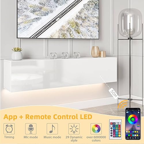 Miniatura 4 de Soporte de TV flotante con luz LED para televisores de hasta 65 pulgadas, moderno centro de entretenimiento de alto brillo de 55 pulgadas, consola