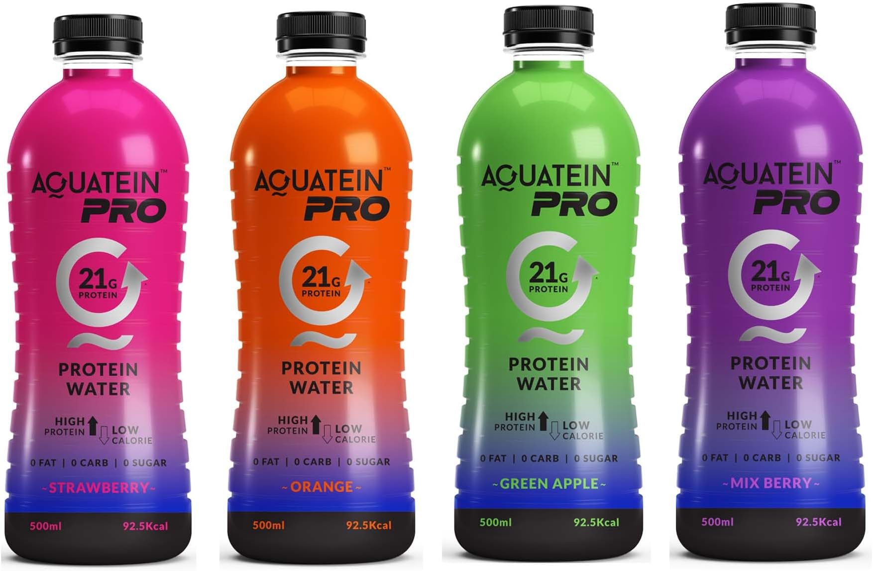 Aquatein Pro 21g Ready To Drink Whey Protein Water Drink Strawberry, Orange, Green Apple & Mix Berry, Lychee, Pineapple - 500 ml (Pack of 6)