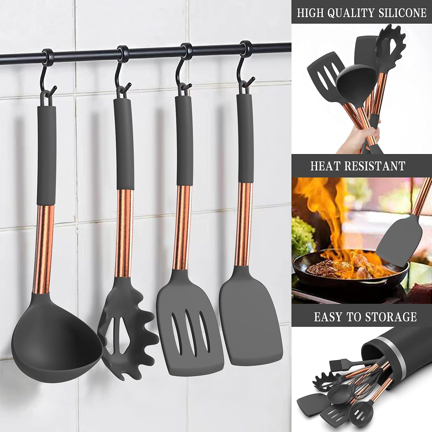 Umite Chef 14 pcs Silicone Cooking Utensils Kitchen Utensil Set - 446°F Heat Resistant, Kitchen Gadgets Tools Set with Stainess Steel Handles for Non-stick Cookware(Grey)