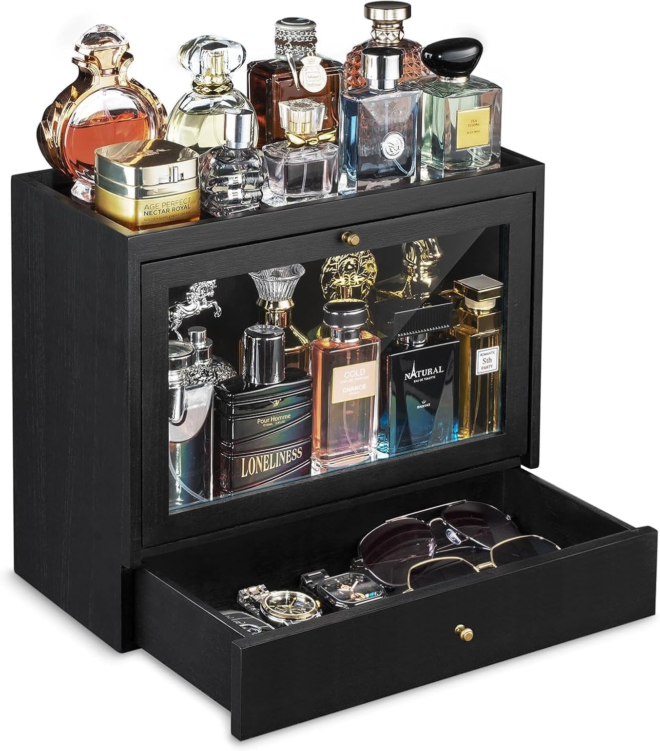 Colonia de almacenamiento para hombre, organizador de perfume de vanidad masculina de madera maciza, polvo espacioso - soporte de colonia a prueba con cajón, seres queridos (Swarchz)