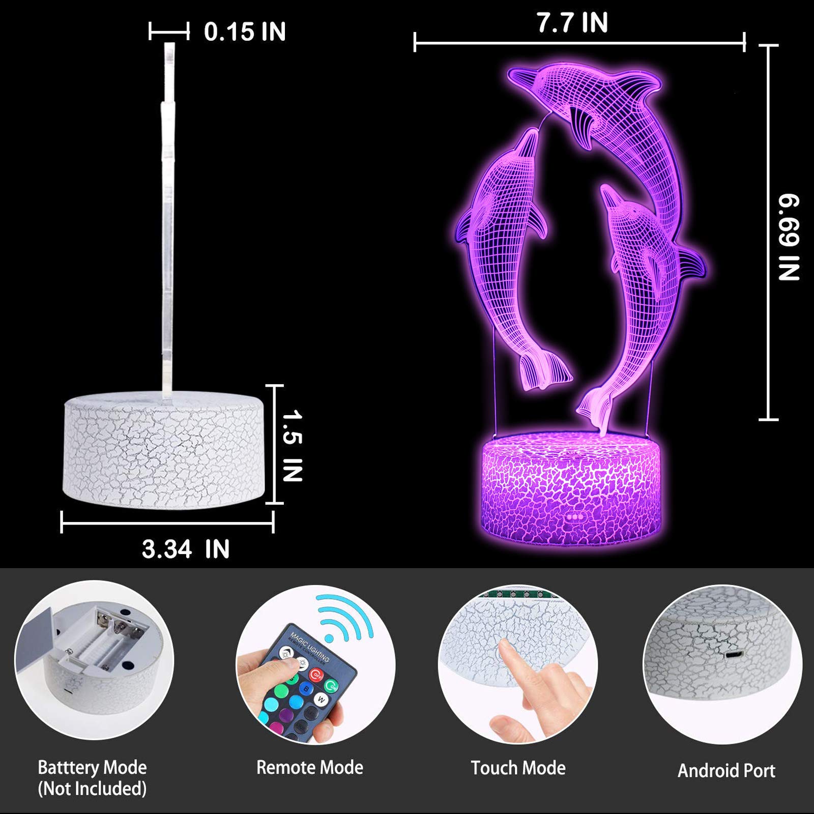 TriPro Dolphin Fish 3D Illusion LED Room Table Decor Lamp Sea Animals Night Light — view 3