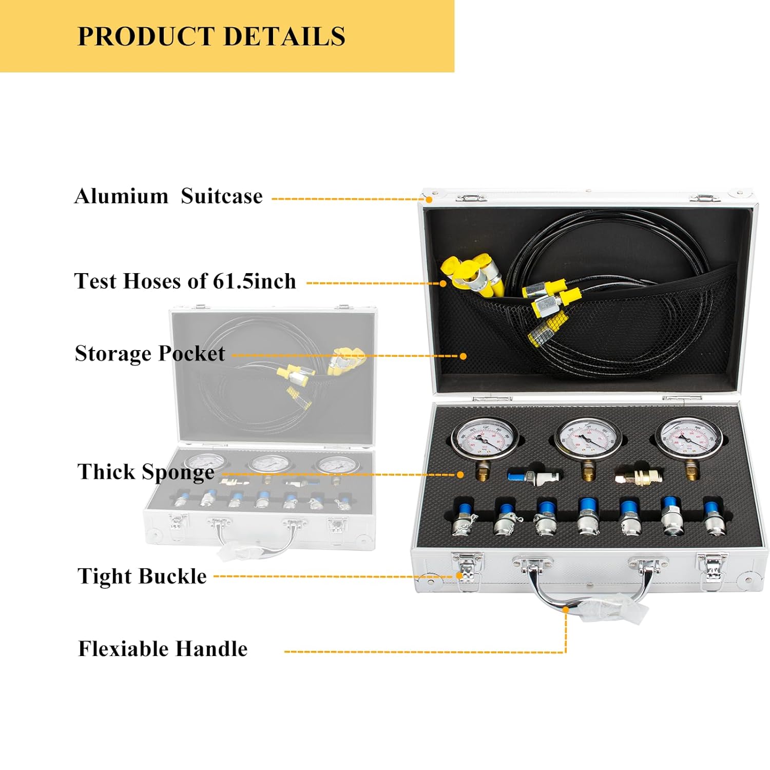 Hydraulic Pressure Test Kit, 3 Gauges(/4000/6000/10000 PSI) & 8 Test Couplings & 1 Quick Connector & 3 Test Hoses, Hydraulic Pressure Gauges, for Excavator, Construction, Machinery