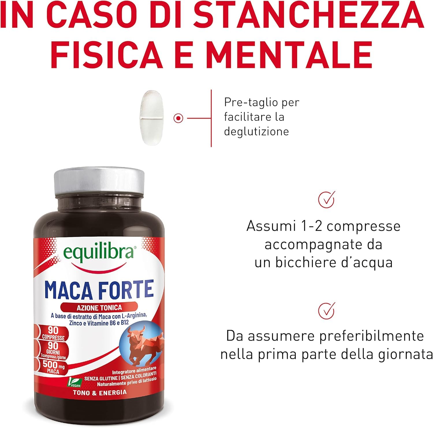 Equilibra Integratori Alimentari, Maca Forte, Tono e Vigore Fisico, Altodosato a Base di Estratto di Radice di Maca Peruviana 500 mg, L-Arginina, Zinco, Vitamine B6 e B12, 90 Compresse