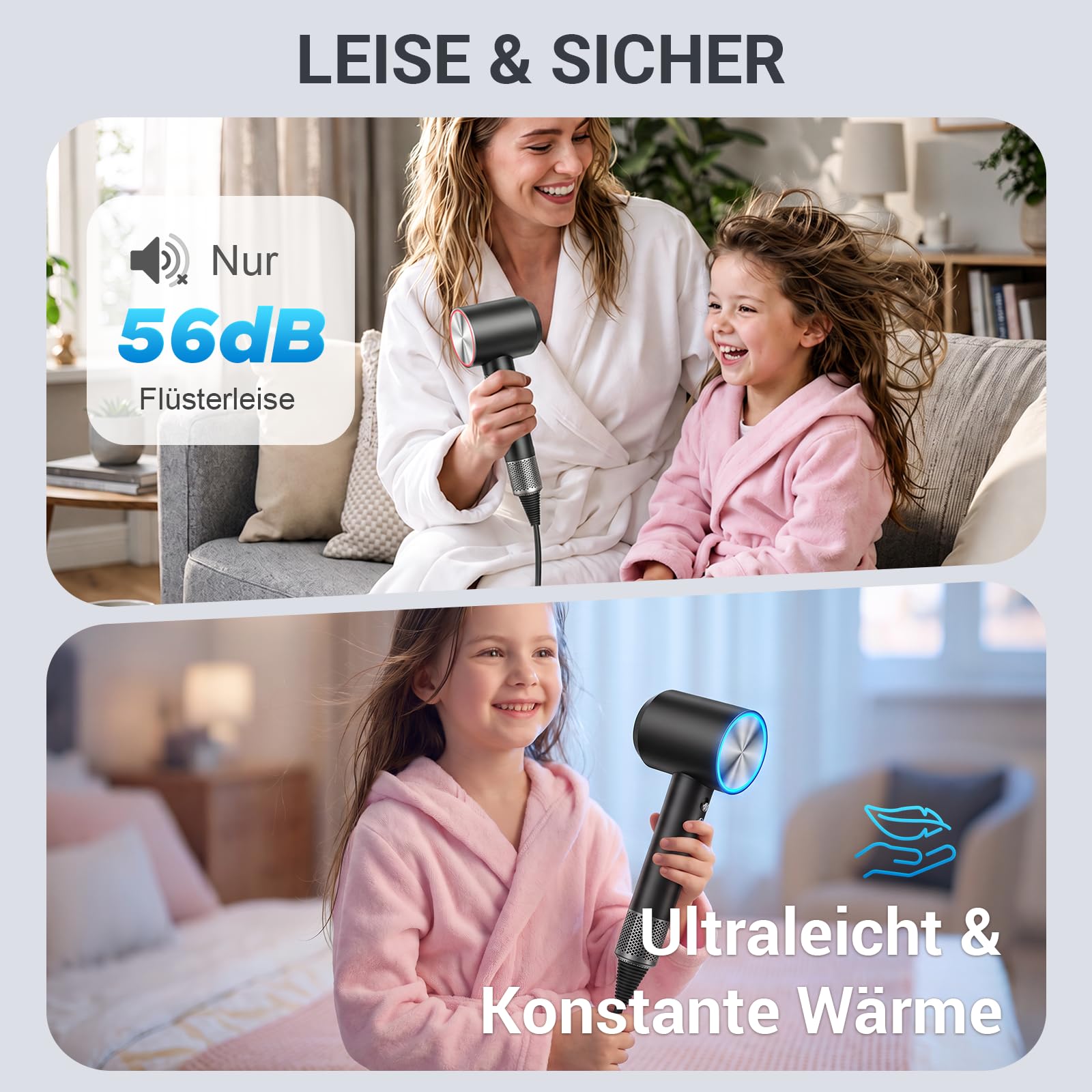 Ionen Haartrockner Föhn, 22m/s, 3 Min Schnell Trocknen, 500M Ionen gegen Frizz, 6 Modi, 3-Farben LED, 1600W, 2 Magnetdüsen(Styling& Diffusor) für Locken&Glätten, Zuhause und Unterwegs, 360g Schwarz