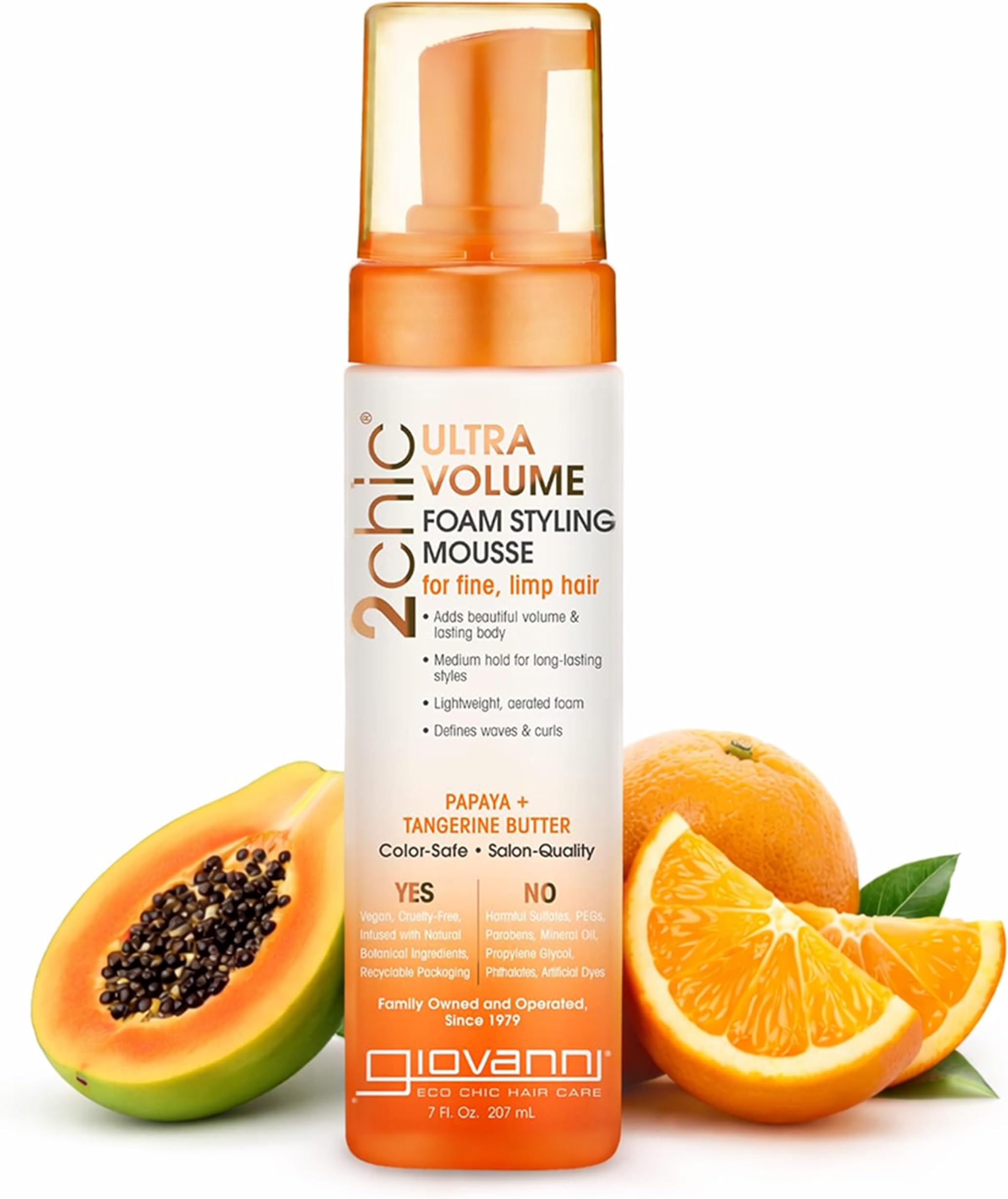 GIOVANNI 2Chic Ultra Volume Mousse for Fine & Thin Hair - Volumizing Hair Foam for Women & Men, Foaming Texture for Defining & Enhancing - Papaya & Tangerine, 7 fl oz (Pack of 1)