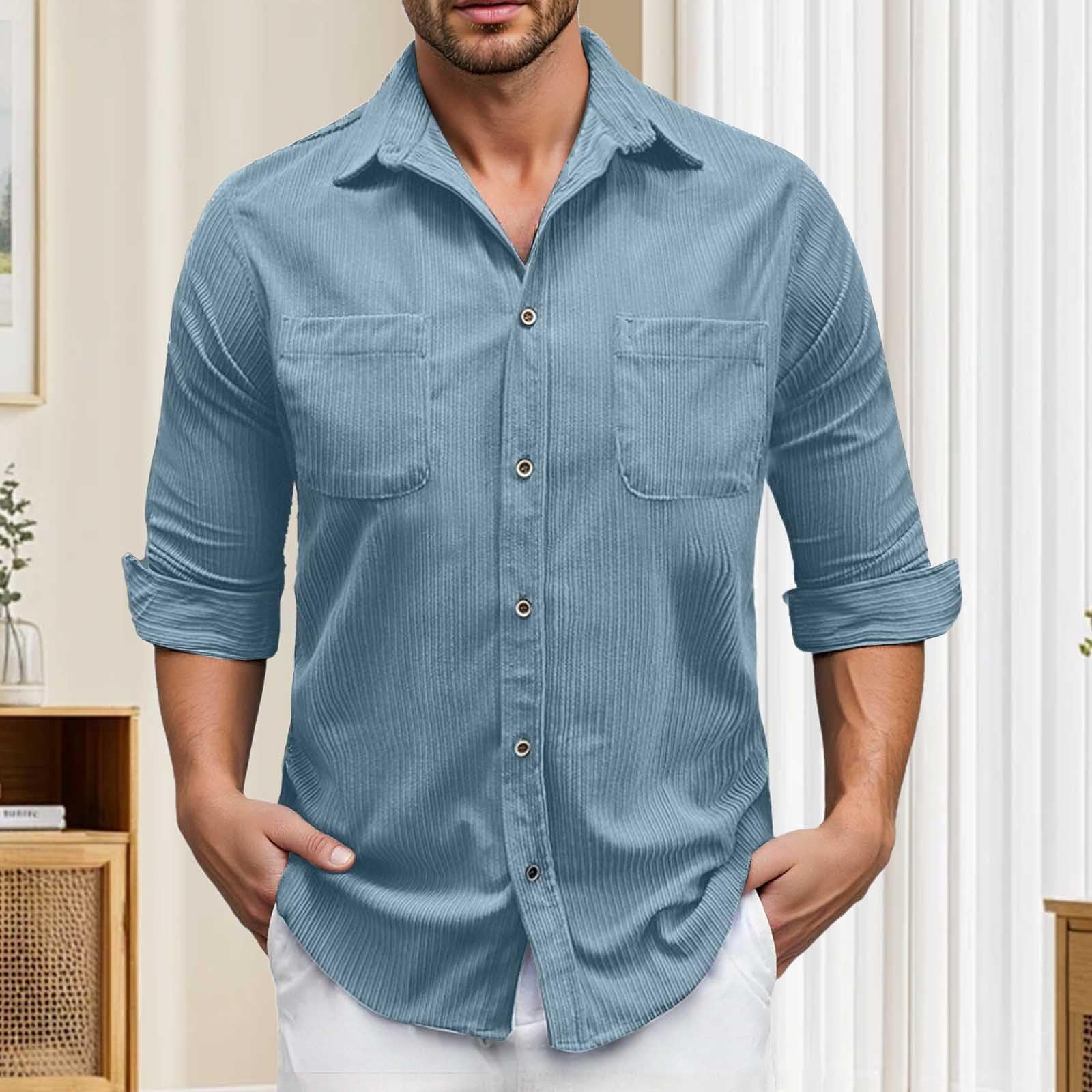 Camicia Uomo Collo Coreana-Camicia casual da uomo in velluto a coste, a maniche lunghe, vestibilità slim, tinta unita, con bottoni e taschino sul petto, per l'uso quotidiano in autunno e inverno.