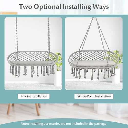 Miniatura 6 de Tangkula Silla hamaca para 2 personas hamaca colgante con cojín cuerda de algodón borlas silla colgante de estilo bohemio para dormitorio interior