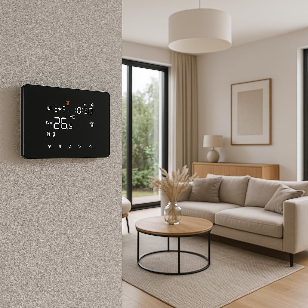 Domos - Thermostat sans fil intelligent WiFi pour chaudière et chauffage | Écran LED tactile, WiFi, programmable, contrôle à distance par application et voix. Couleur Noir