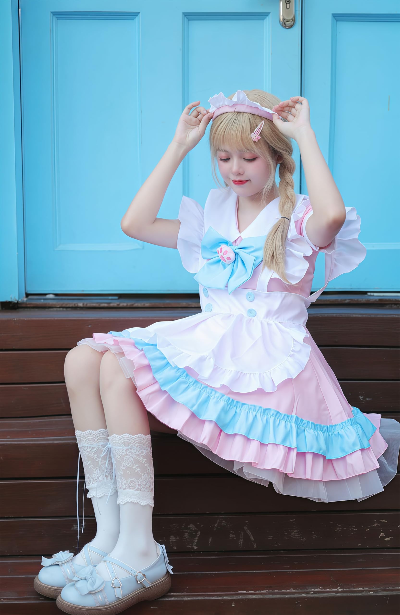 Maid Dress Damen Anime French Maid Outfit Lolita Dienstmädchen Kleid Lolita Dress mit Katzenohren Stirnband Handschuhe Strümpfe für Halloween Karneval Cosplay Party