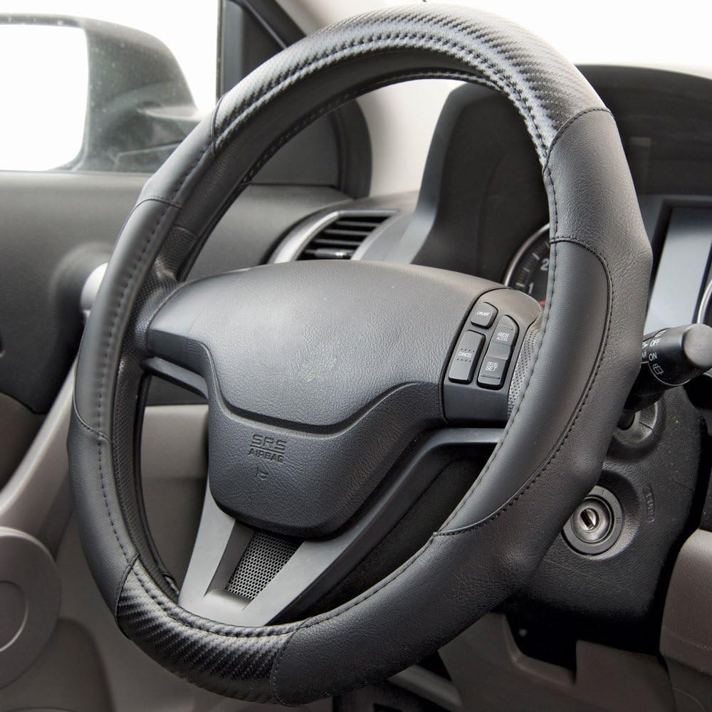 Black & Charcoal Gray Synthetic Leather Car Seat Covers & Carbon Fiber Cushion-Sport Grip Steering Wheel Cover