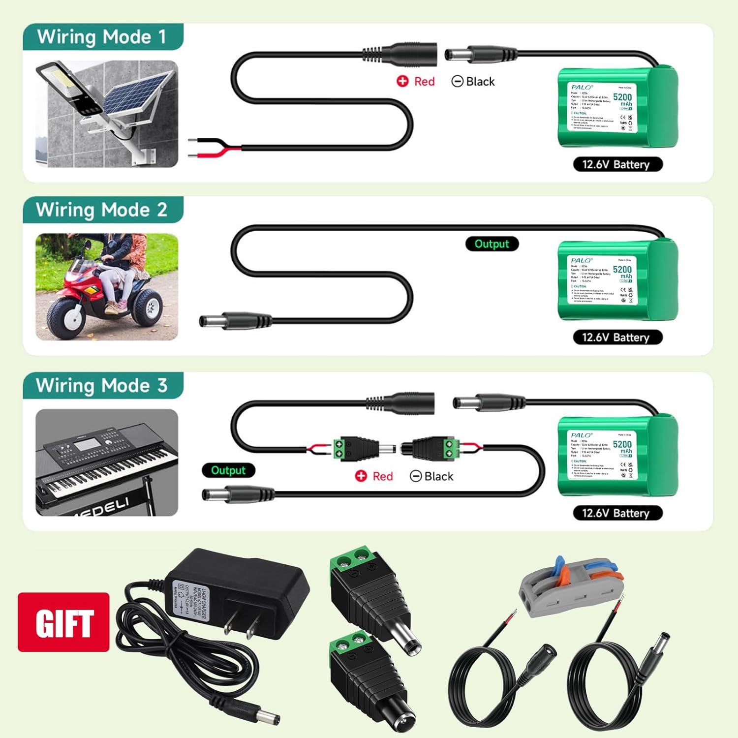 Three wiring modes for the Palogreen 12V battery. Mode 1 shows connection to a solar street light. Mode 2 shows connection to a toy car. Mode 3 shows connection to an electronic piano using screw terminal adapters.