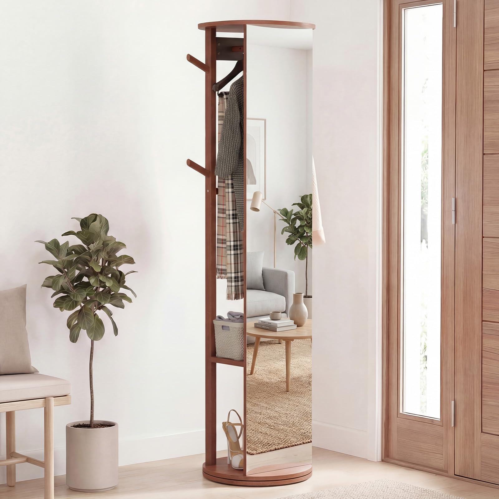 COSTWAY Appendiabiti Girevole a 360° con Specchio, Specchio a Figura Intera da Terra con Ripiani e Ganci, Appendiabiti per Soggiorno, Camera da Letto e Guardaroba (Stile 3)