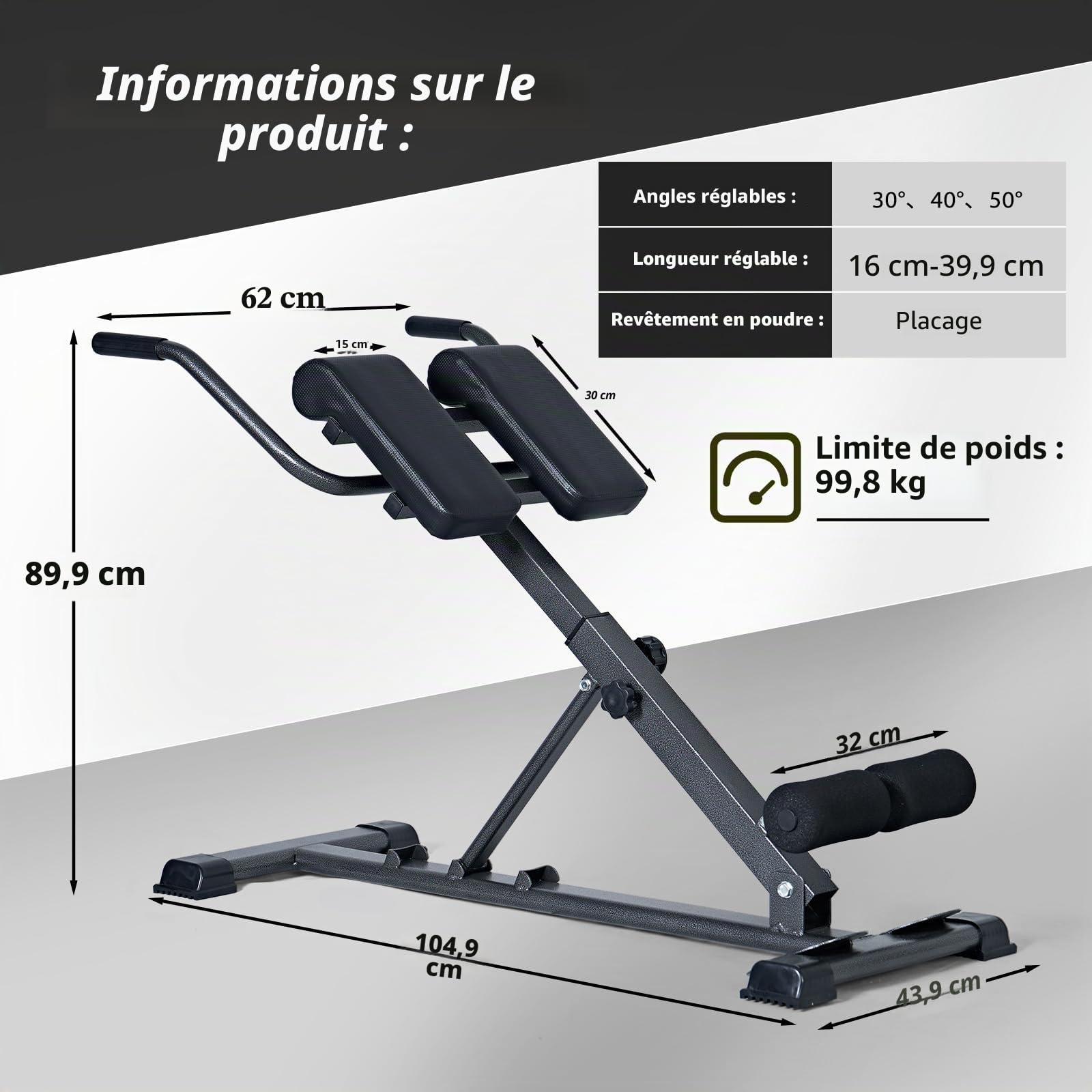 SogesPower Chaise Romaine Hyperextension pour Dos, Banc de Musculation Pliable Réglable en Hauteur, Appareil Hyper Extension pour Abdominaux, Fitness, Charge Max. 120 kg