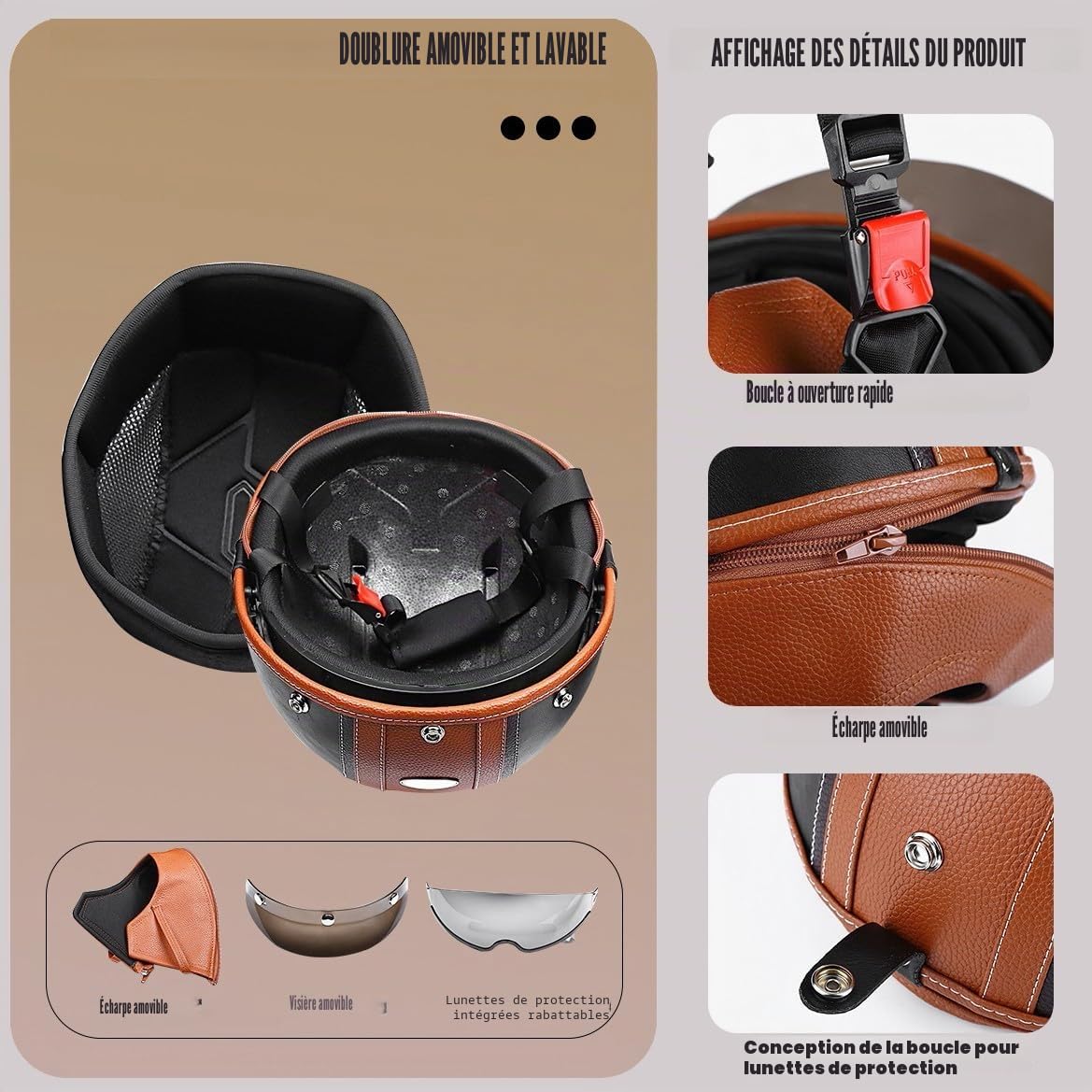 Casque de Moto Vintage Cuir Retro Vintage Scooter Open Face Demi Cuir avec visière Lunettes ECE Bols pour Homme et Femme Adultes Demi-Casques avec Sac de Rangement
