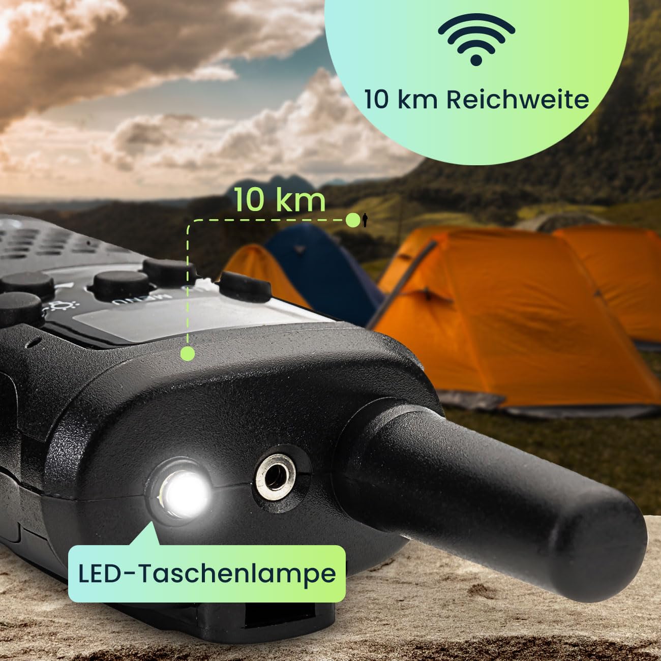 2er-Set Profi Akku-PMR-Funkgerät, Gürtelclip & Taschenlampe, Walkie Talkie mit 10km Reichweite, 8 Kanäle, Ladestation, 8 Stunden Sprechzeit
