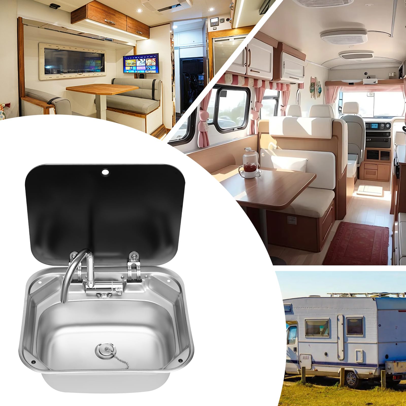 Ensemble de lavabo pour caravane, lave-mains pour camping-car, kit d'évier pour camping-car, avec robinet, évier en acier inoxydable pour caravane ou bateau
