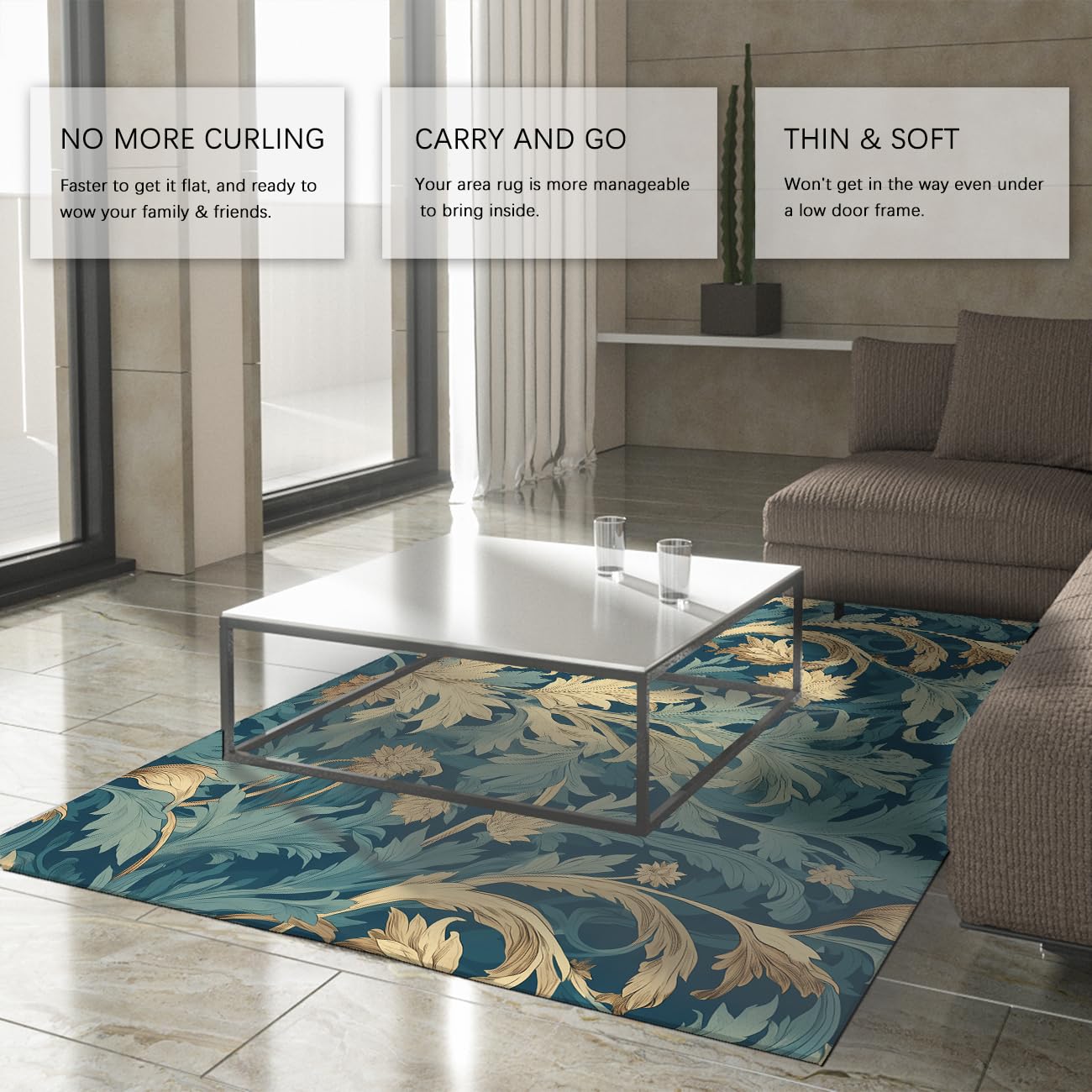 Tappeto 100x150 lavabile Tappetino da nursery vintage blu floreali per soggiorno teal botanico a voluta camera letto Moquette antiscivolo ultrasottile la sala giochi pranzo della