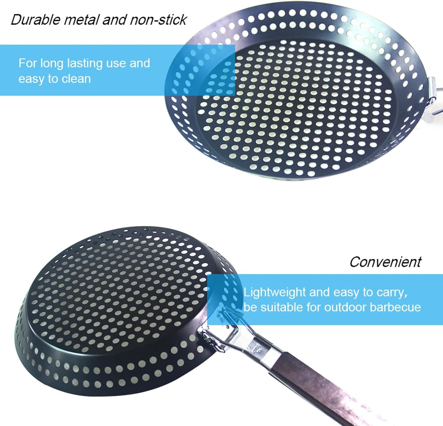 Grilling Skillet with Holes and Removable Handle, Nonstick BBQ Frying Pans for Camping Cookware, Picnics and Outdoor BBQ