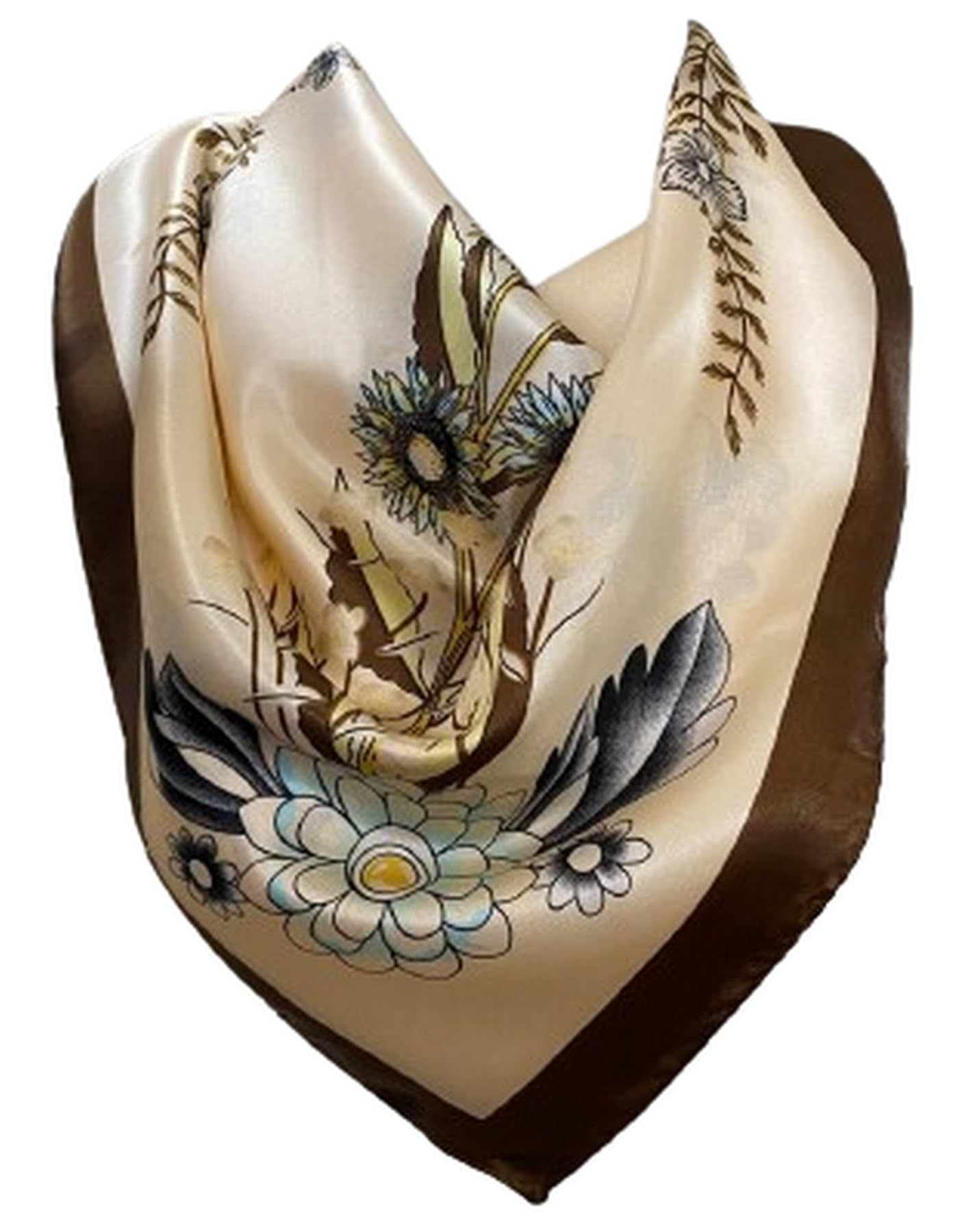 Self Embossed Floral Print Silk Satin Square Bandana Neck Scarf, Head Scarves, Neckerchief (Beige)