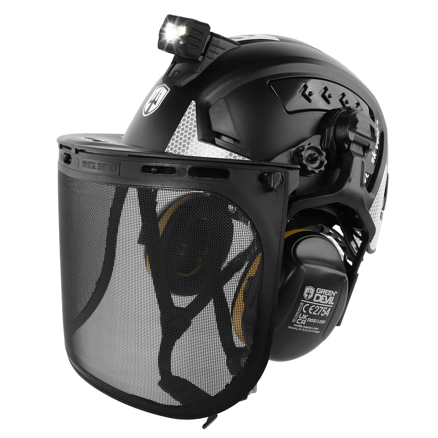 GREEN DEVIL VOLTEK Forest AIR Profi-Set - Forst- & Höhenarbeits-Schutzhelm EN12492 Zertifiziert, 5-in-1 System mit Metallnetzvisier & SNR 31dB Gehörschutz + Helmleuchte Profi-Set