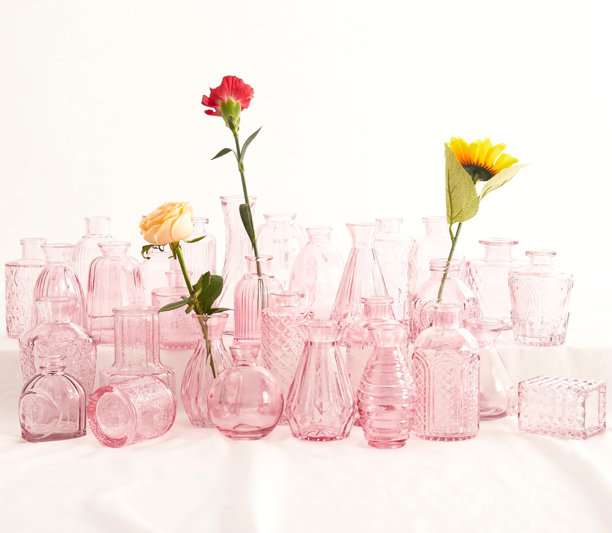 Pink Glass Bud Vases Set 30,Vases in Bulk,Small Vases Bulk for Flowers,Glass Vases for Centerpieces,Vases Bulk Mini Vases for Home Decor, Rustic Wedding Decorations,Home Table Flower Decor,Party