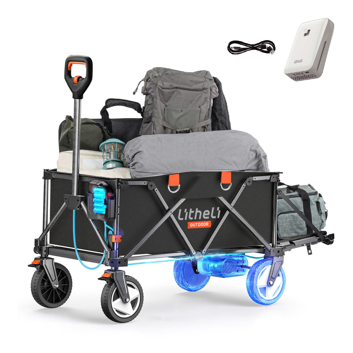 Litheli Festival Trolley on Wheels with 2 Brakes, Canopy Folding Wagon, 200 L 60 kg Load Capacity, 20 cm Off-Road Tyres for Camping, Beach, Shopping, Black