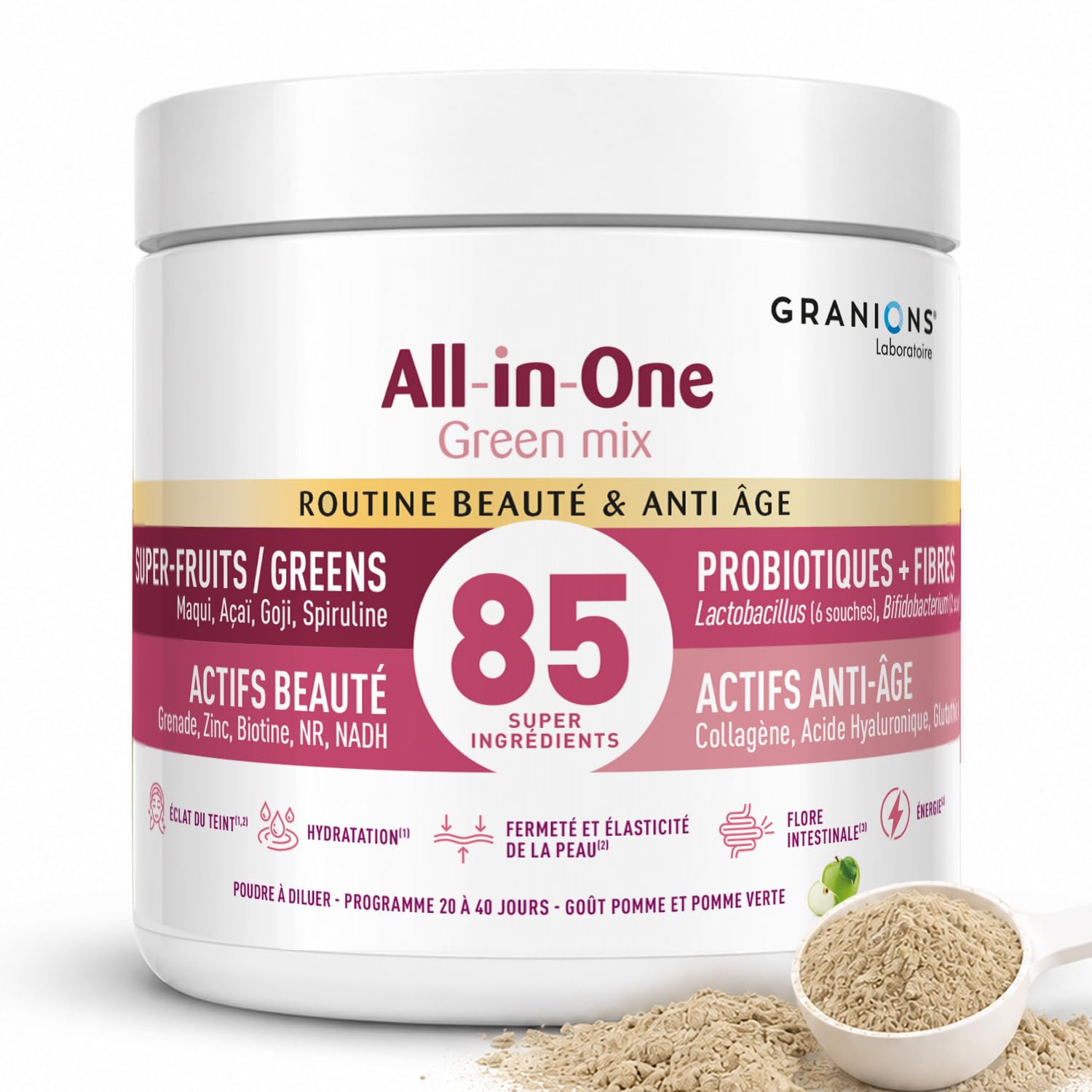 GRANIONS ALL-IN-ONE GREEN MIX BEAUTÉ & ANTI AGE - Collagene Marin - Acide Hyaluronique - Zinc - Biotine - Collagène - Peau, Hydratation & Digestion - Cure 20 à 40j