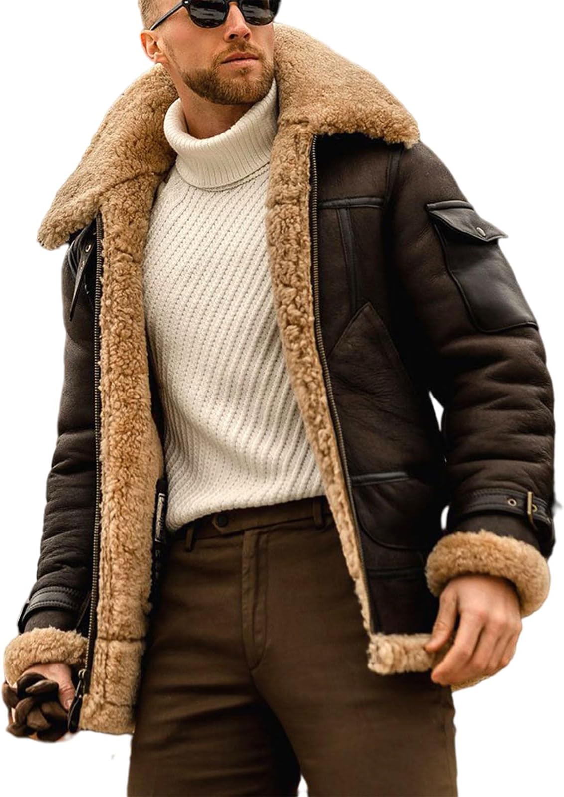 EsukAr Mens Aviator Shearling Sheepskin Leather Bomber Flying Jacket