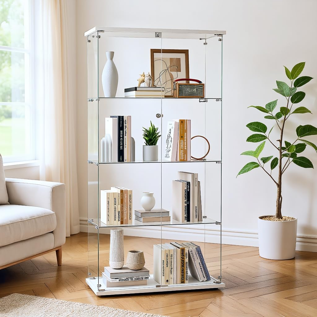 Vitrina de cristal, Vitrina Expositora para Colecciones con cerradura y 2 puertas Vitrina expositora cristal de pie de 4 estantes,Vitrina de cristal expositor Vitrina Cristal para Salón, Dormitorio