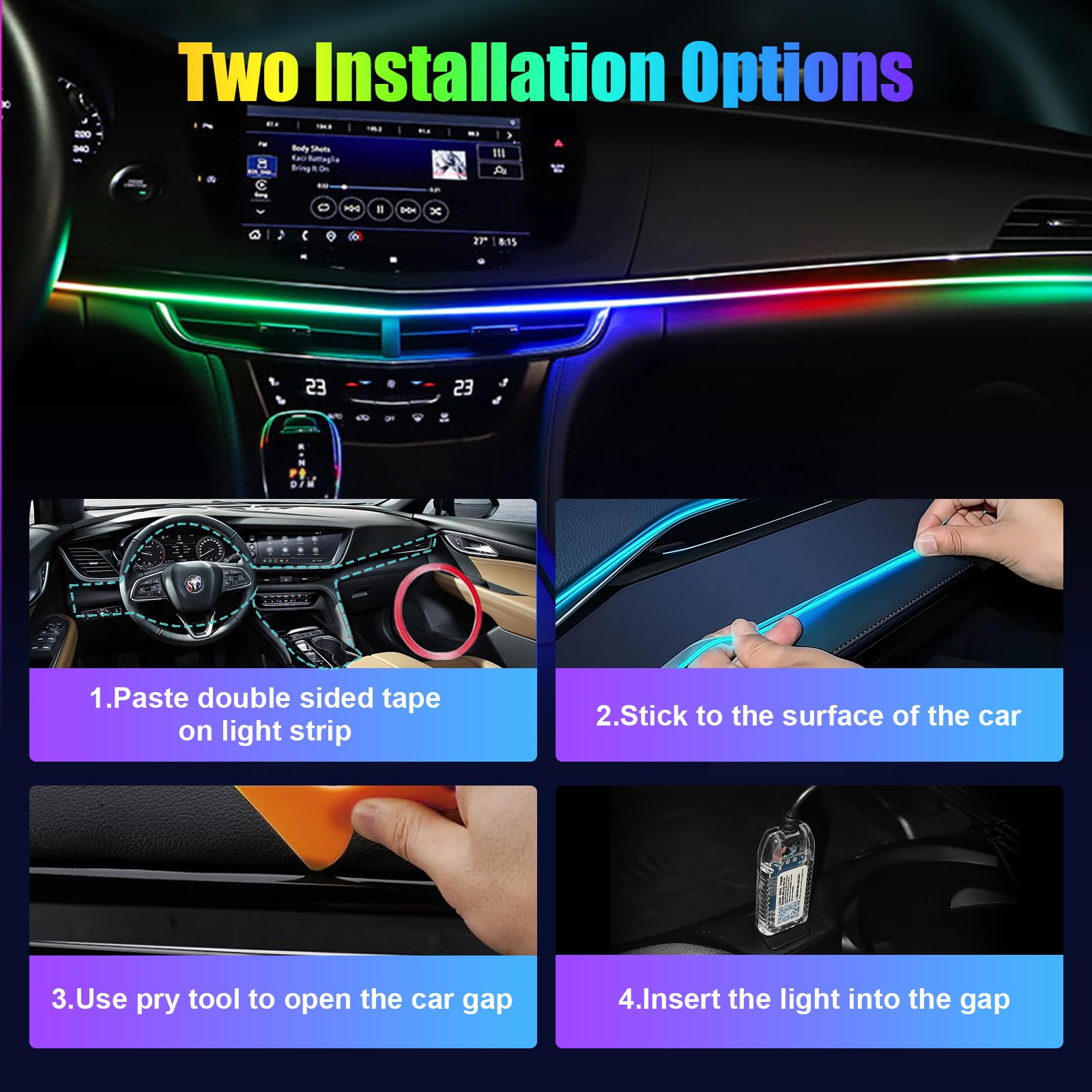 110CM LED Coche, Lluminación Led para Interior de Coche con USB, Car Ambient Lights 210 modos intermitentes, 16 Millones de Colores de DIY con Modo de Escena y Música