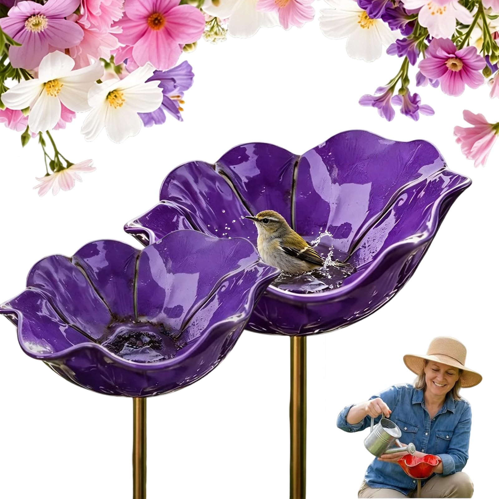 Metal Flower Garden Stake – Handmade Bird Bath & Bee Watering Station for Garden, Flower‑shaped Metal Bird Feeder, Colorful Outdoor Yard Decor, Birdbath with Stake for Yard Decor (Purple,2PCS)