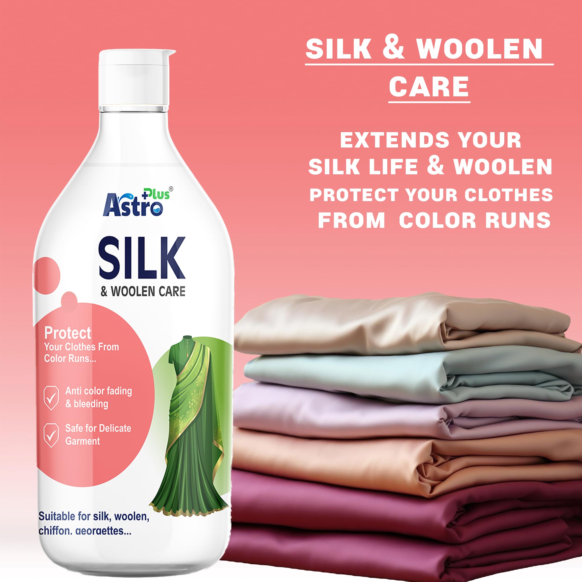 Astro Plus+ Silk & Woolen Care Washing Liquid - 500ML | Delicate Detergent for Silk Saree & Woolen Clothes Wash at Home