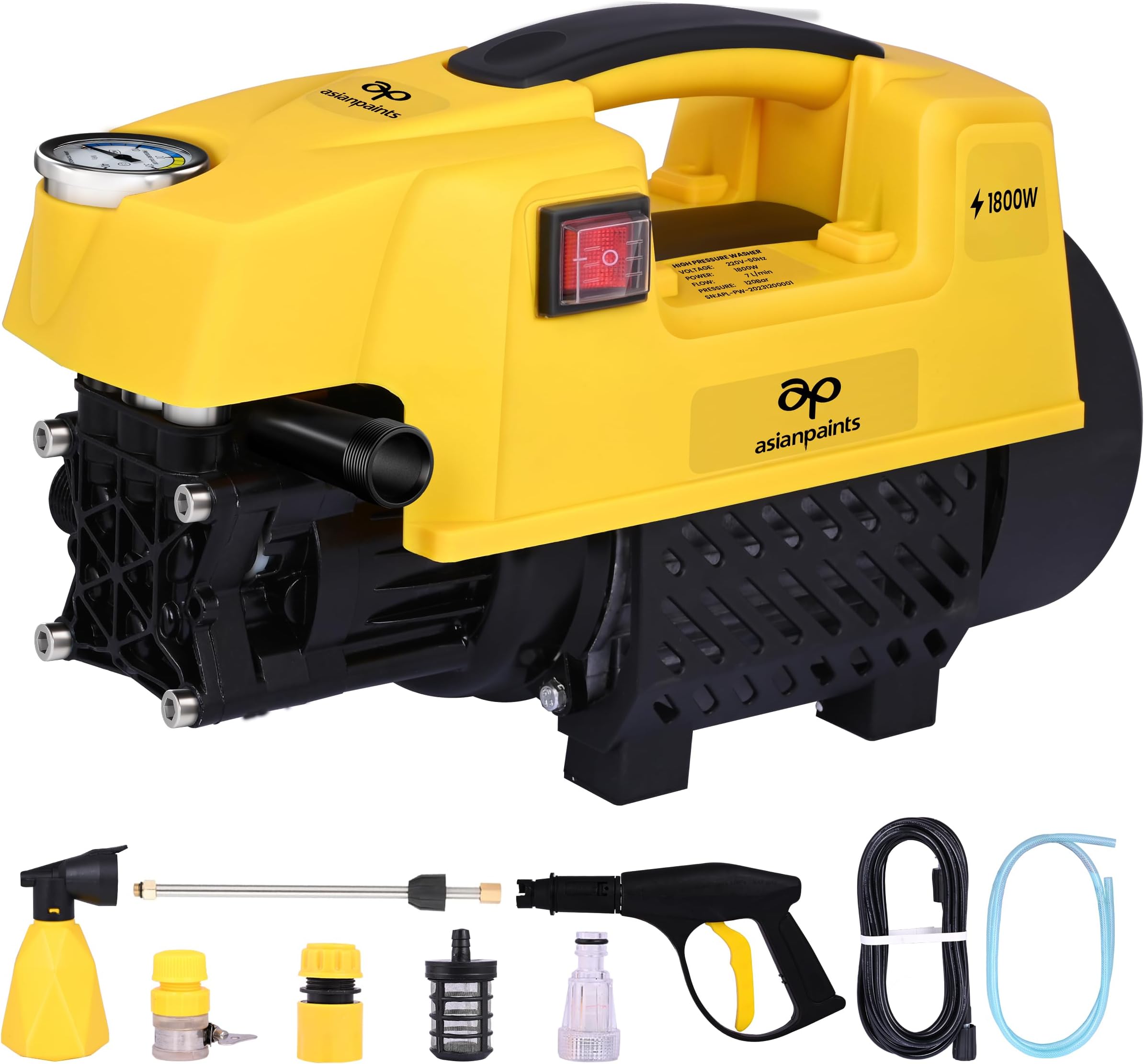Asian Paints Trucare High Pressure Washer 1800w 120 bar Pressure | 7 Litre/min Flow Rate | 8 Meters Outlet Hose provided | Portable, Used for Home Cleaning, Bike & car Cleaning | Grip Handle