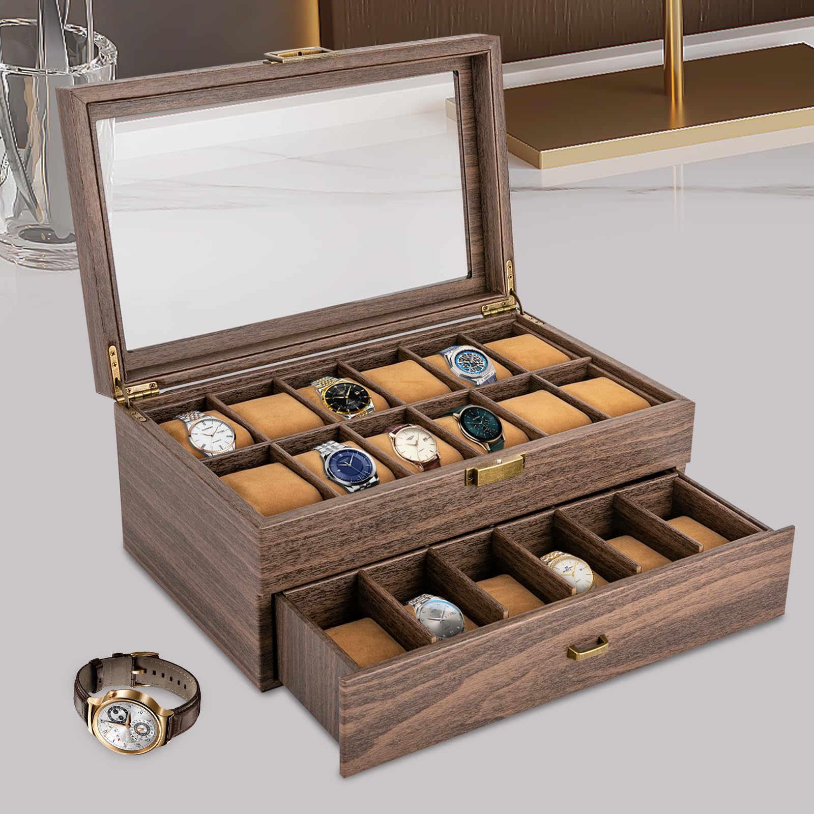 Caja para relojes con 24 compartimentos de madera, organizador para hombres y mujeres, hoja de cristal para guardar relojes, caja de almacenamiento para relojes y joyas, caja de regalo, 34 x 21 x 15
