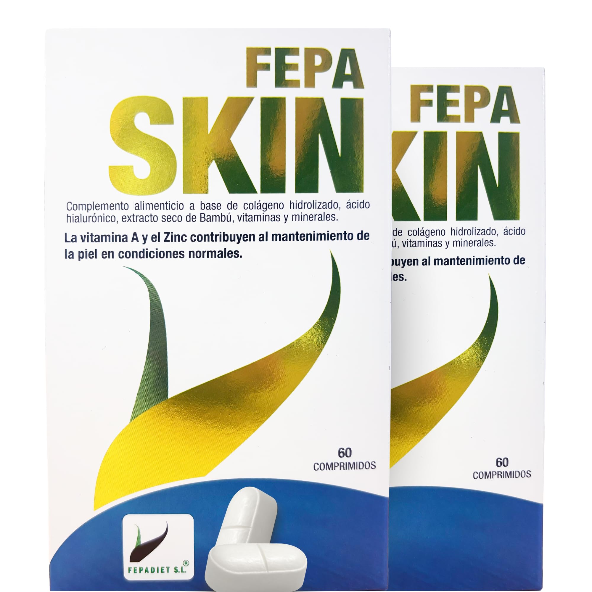 FEPA SKIN – 60 Comprimidos Pack de 2 – Colágeno Hidrolizado Marino con Ácido Hialurónico y Vitamina C – Complemento Alimenticio – Mantenimiento de la Piel, Huesos y Bienestar General – Fepadiet