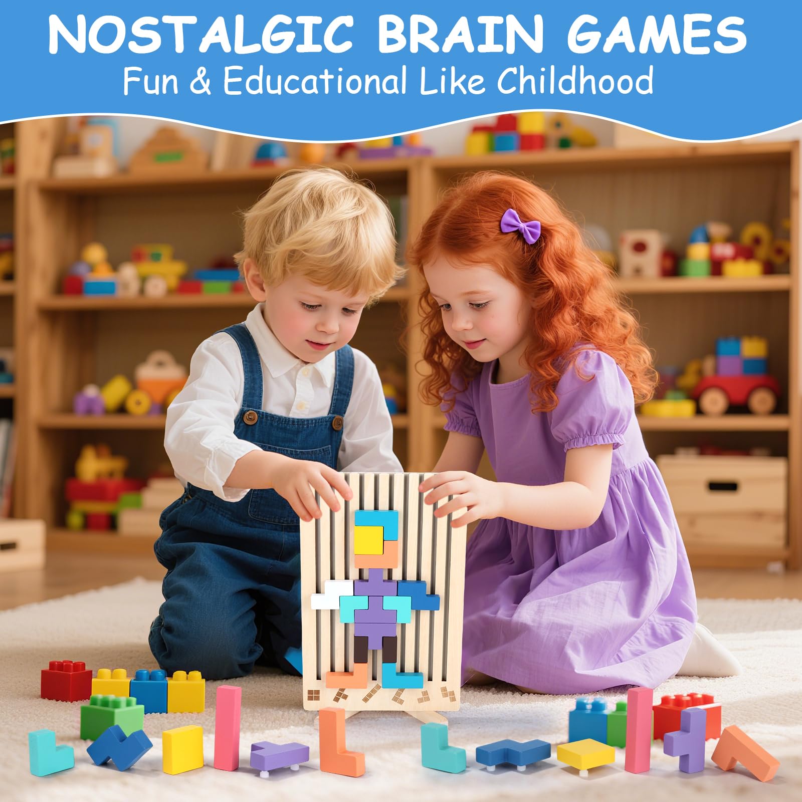 Drewniana gra Tetris, gry Montessori dla dzieci w wieku 3, 4, 5 i 6 lat, drewniane puzzle, drewniane puzzle 3D Montessori, drewniane puzzle z klockami do układania w stosy i 10 kartami, kolorowe