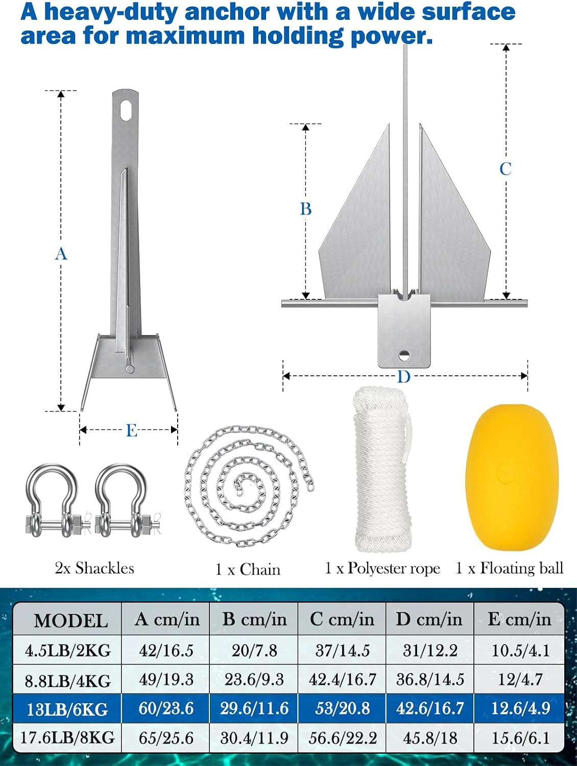Boat Anchor Kit with Float, Chain & Rope, Hot-Dipped Galvanized Steel Fluke Anchor Helps Prevent Rope Scratches & Propeller Tangles, 4.5/8.8/13/17.6 LB Sizes