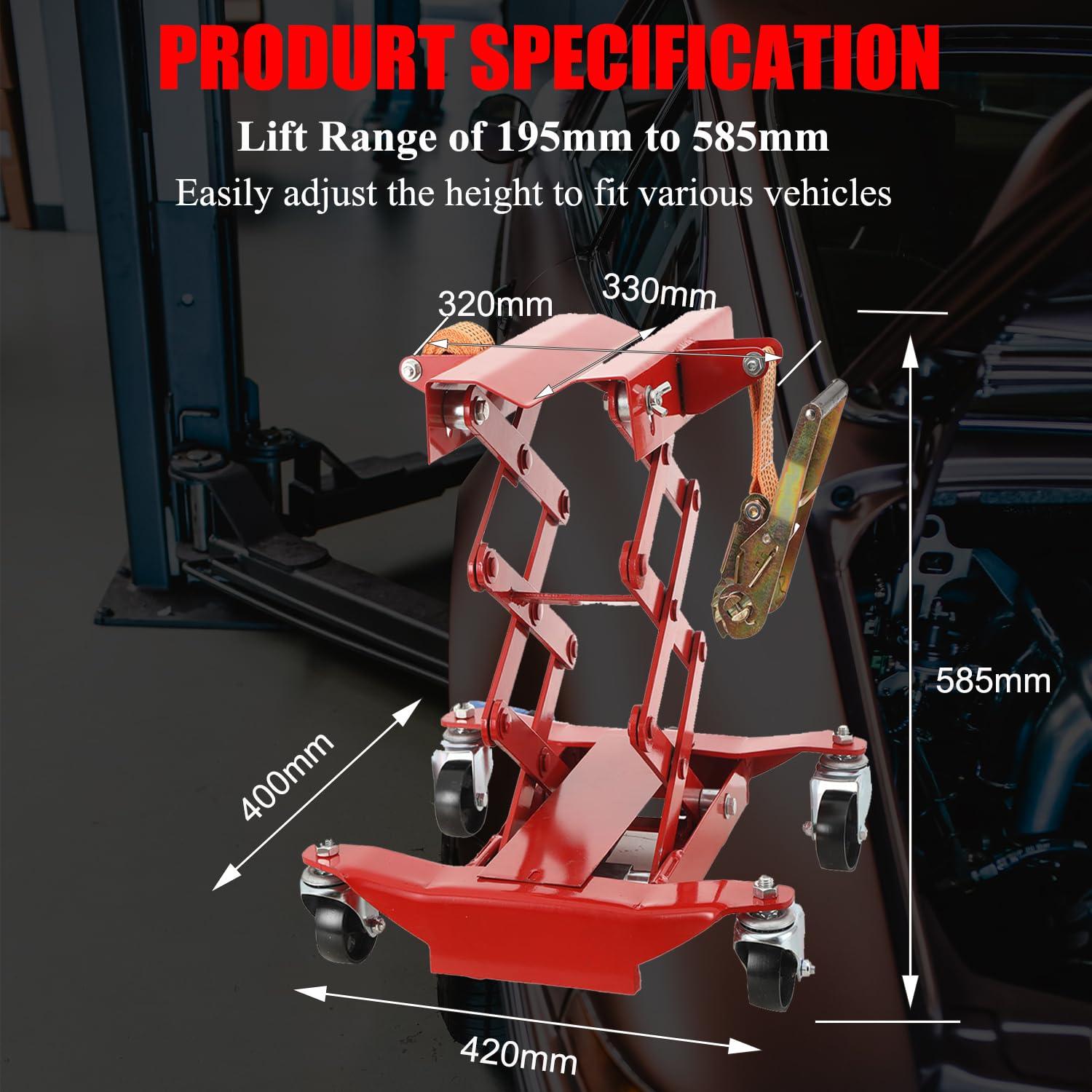 Jack di Trasmissione a Pavimento Idraulico 200 kg, Sollevatore a Forbice 195-585mm per Riparazione Auto