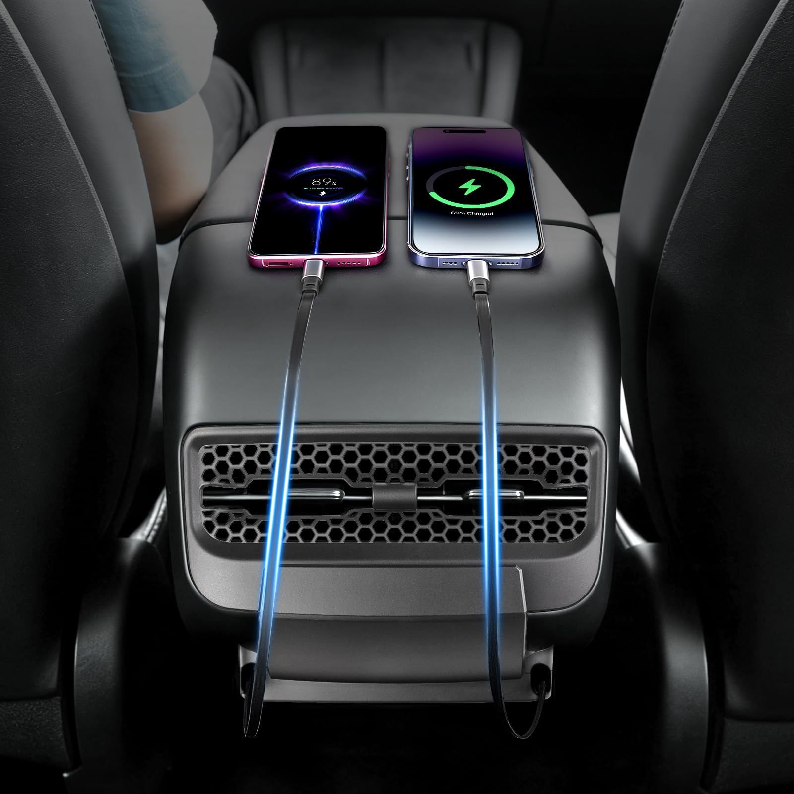 Hub de carga USB trasero para Tesla Model Y 2021-2024, accesorios - Hub de carga rápida de 4 puertos con cubierta deslizante, 2 estaciones de acoplamiento tipo C para Tesla Model 3