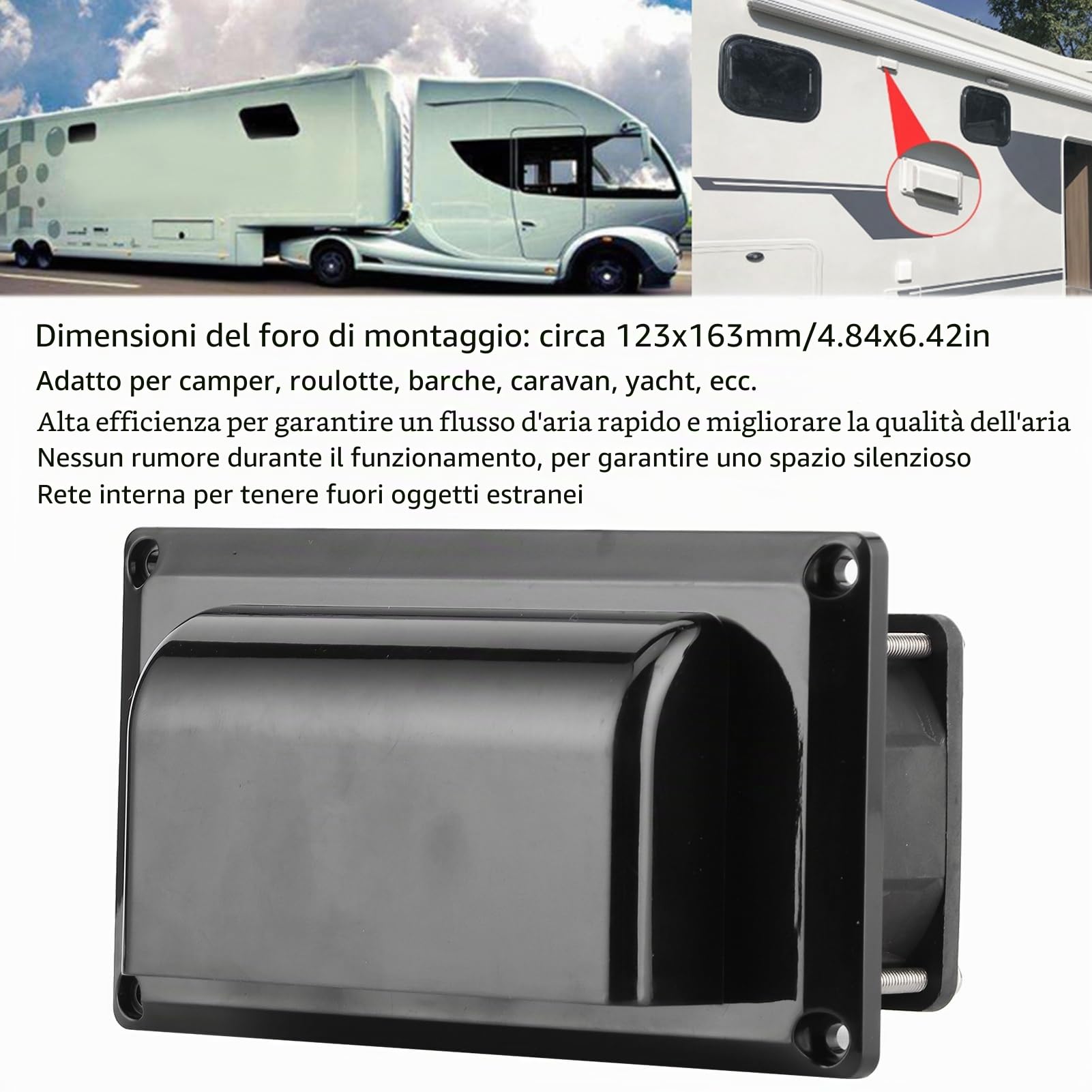 Ventilatore di Scarico Laterale 12V per Roulotte, Rimorchio, Barca, Yacht – Ventola Estrazione Aria con Rete di Protezione, Facile Installazione, Funzionamento Silenzioso