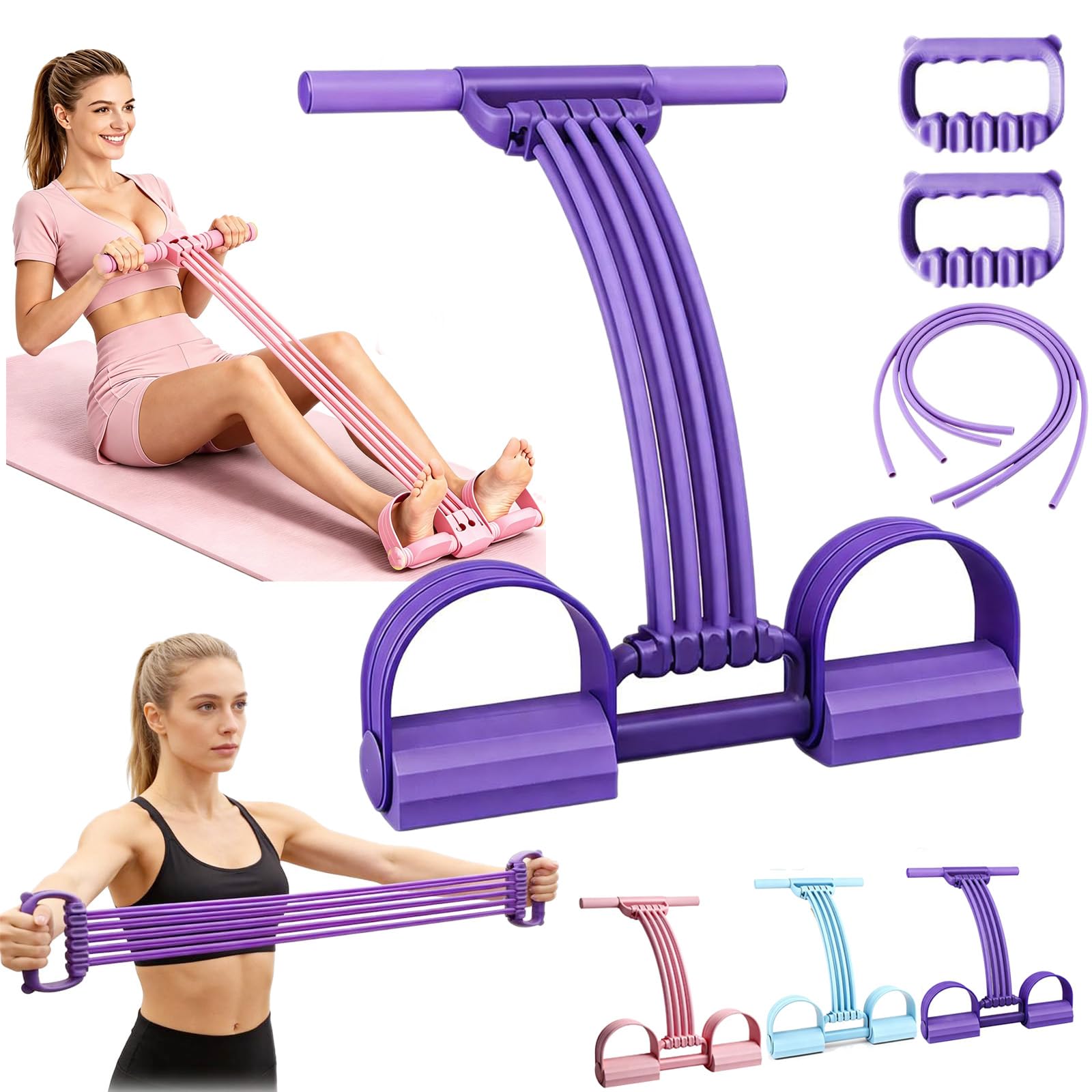 Pedal Resistance Bands with Handles, Multifunction Elastic Yoga Resistance Band, Portable Latex Fitness, Adjustable 8-Tubes Tension Rope for Puller Exercise Stretching Waist Arm Leg (Purple)