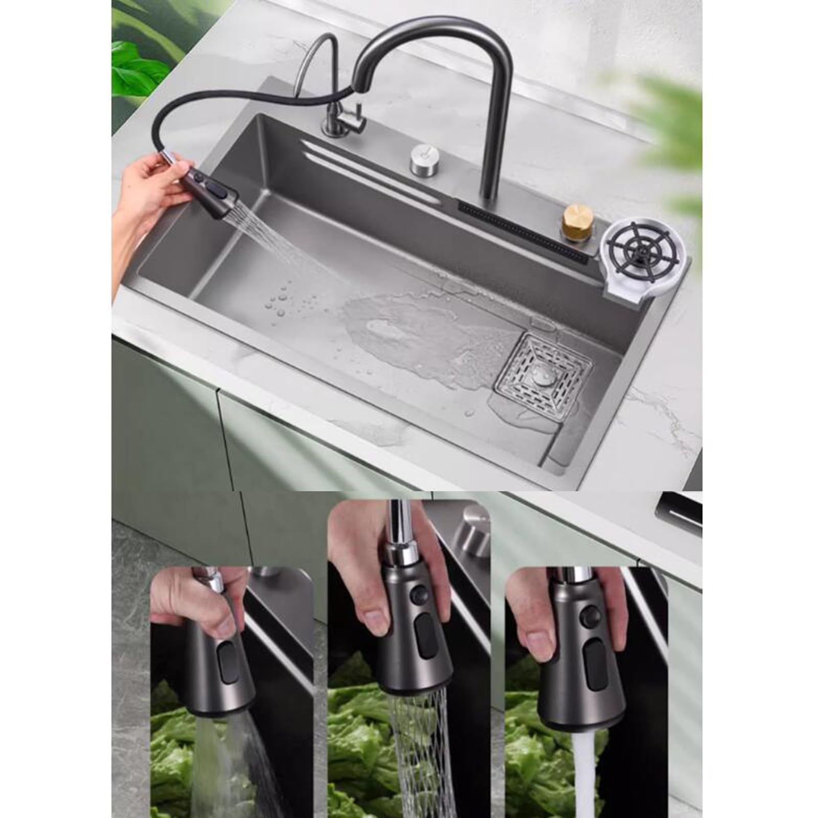 Lavello a sifone a cascata in acciaio inox grigio a vasca singola con rubinetto Lavello semplice a vasca singola di grande capacità per uso domestico Cucina Lavello per lavastoviglie Lavello