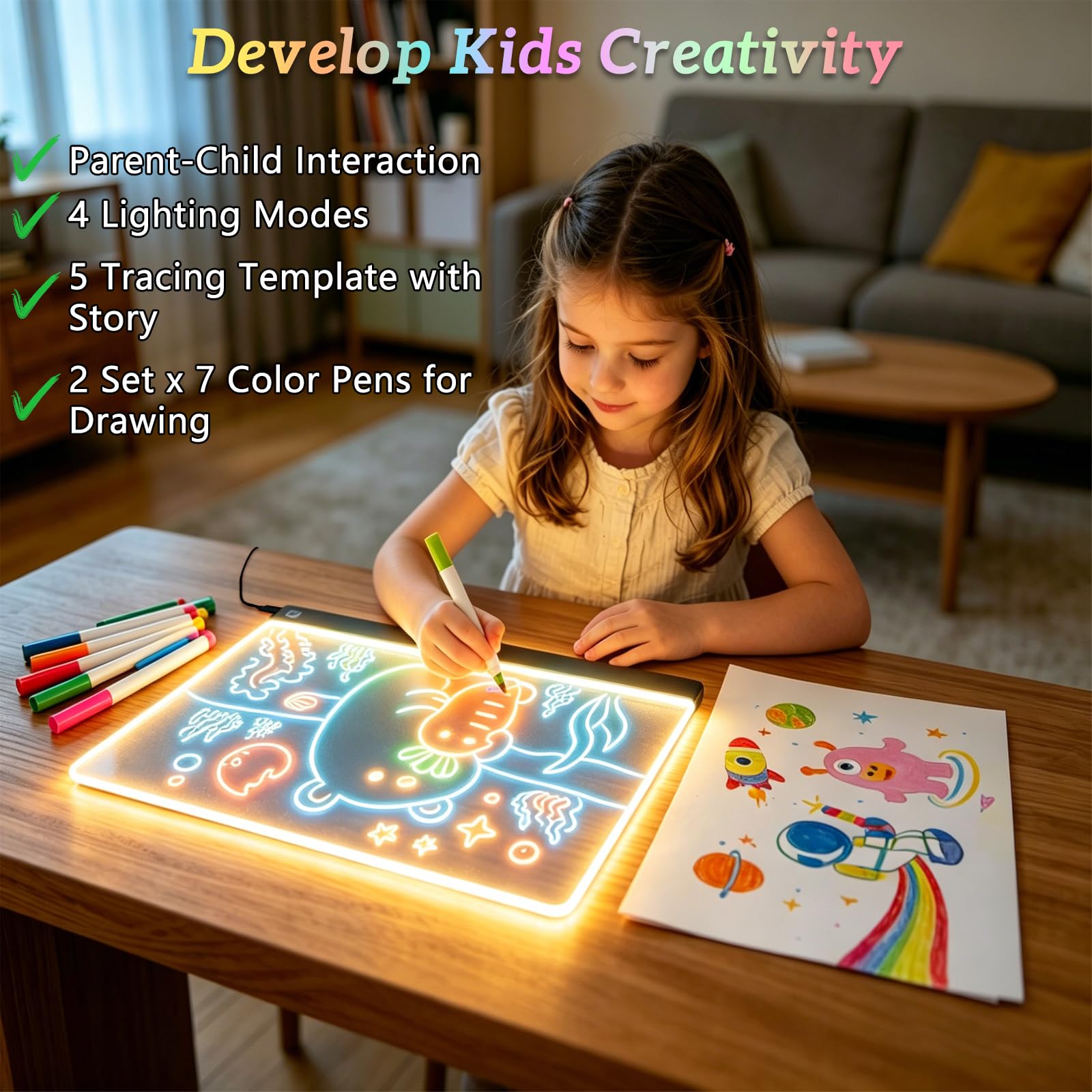 LED Zeichenbrett Tafel, 30x20cm LED Maltafel, Leuchttafel mit 7 Farben & 4 Lichtmodi, Notiztafel Schreibtafel mit 7 Farbmarker, Kreatives Geschenk für Zeichnen Memo Werbetafel