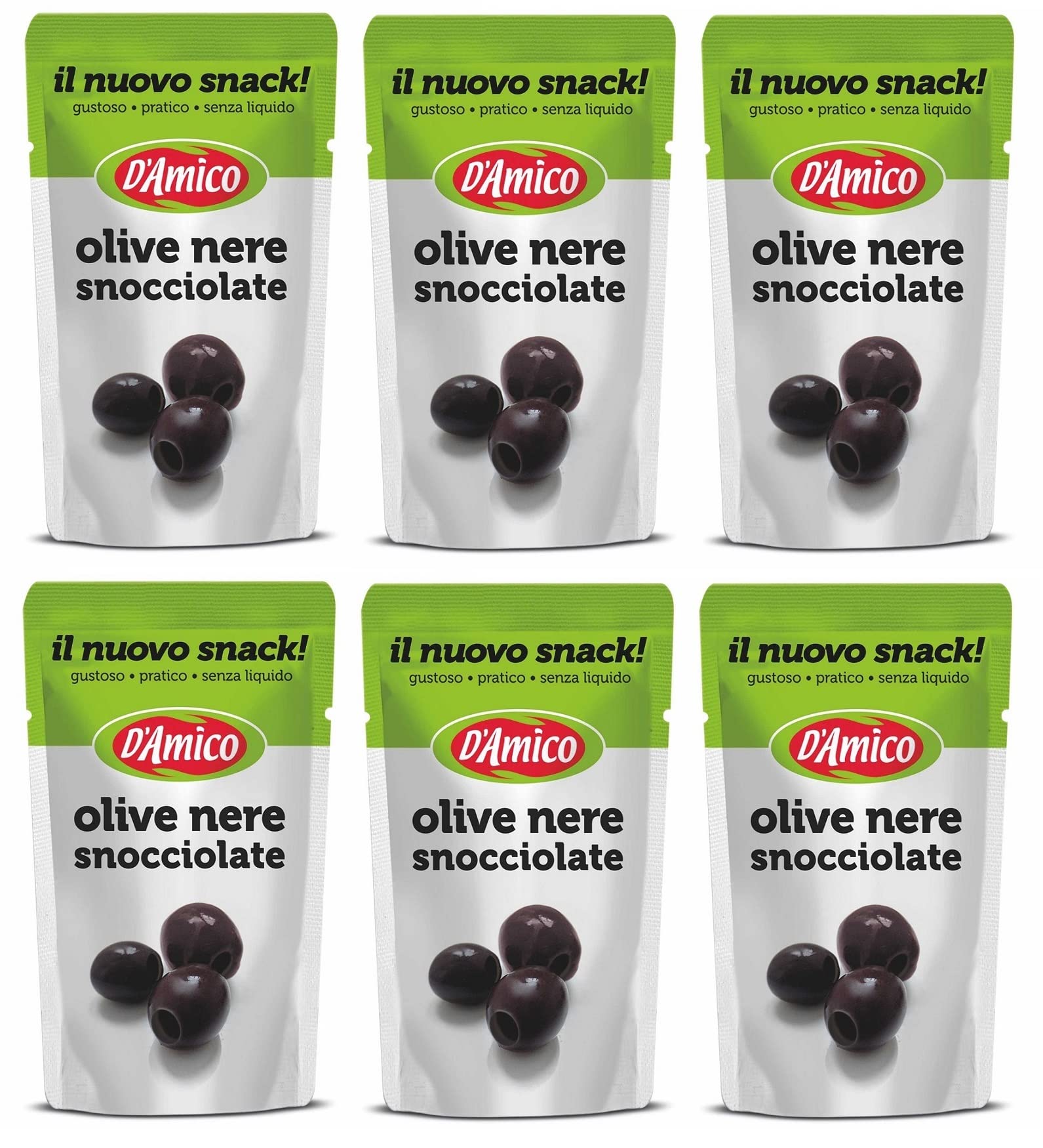 6 x D'Amico Il Nuovo Snack Olive Nere Snocciolate Aceitunas Negras Deshuesadas Sin Líquido 75 g
