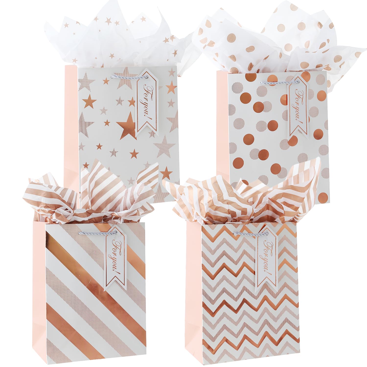 4pcs Gift Bags (9x7x4 inch) With Tissue Paper and Gift Tags for Women,Men's Birthday,Valentine's Day,Christmas,Small Business,All Occation (Rose Gold)