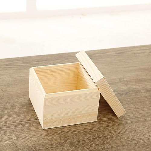 Miniatura 2 de Paquete de 4 cajas de almacenamiento cuadradas de madera natural de 4 x 4 pulgadas, caja de madera natural con tapa, organizador de madera de pino