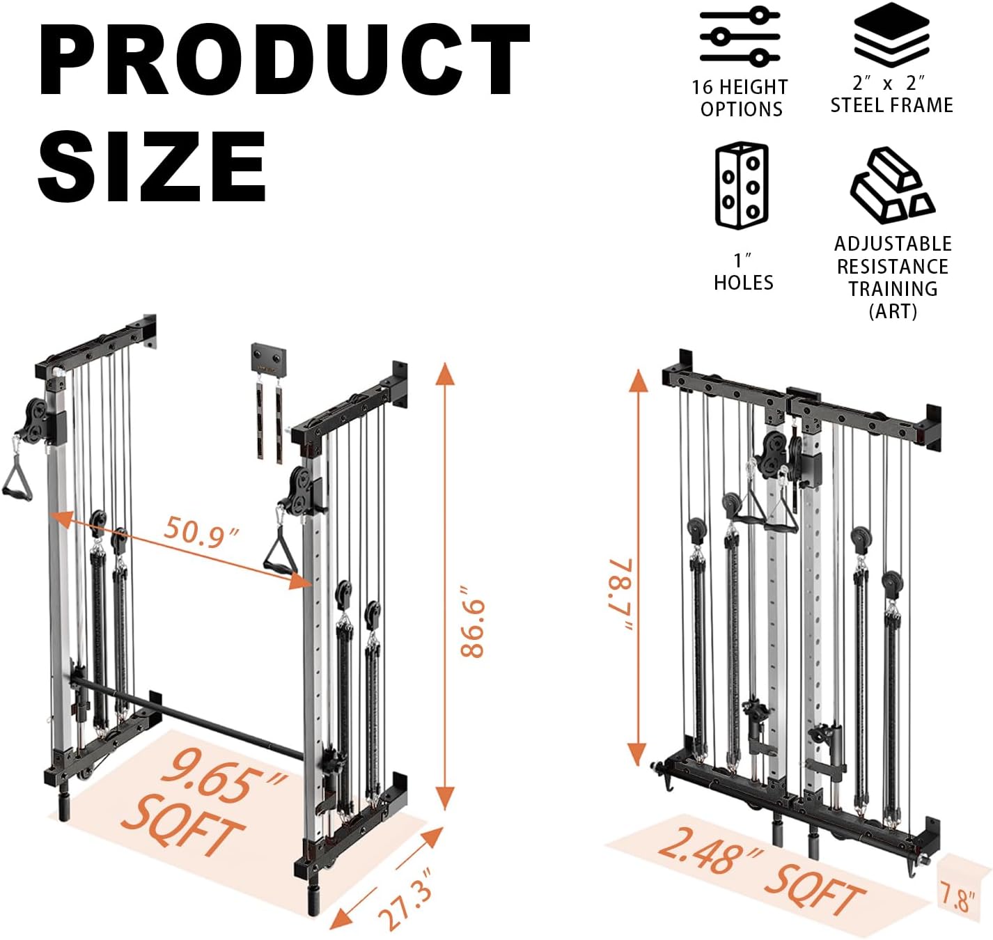 Wall-Mounted Folding Smith Machine Home Gym, All-in-One Compact Power Cage & Cable Pulley Trainer with 125–250LB Dual-User Resistance Band System for Home, Garage, Basement Fitness