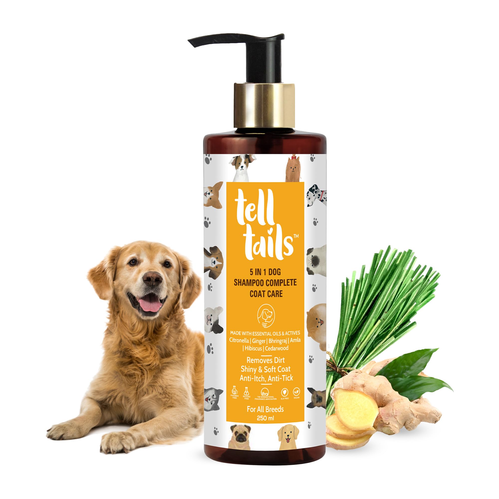 Tell Tails 5-in-1 Natural Dog Shampoo - 250ml - Flea, Tick & Odor Removal - Moisturizes, Heals & Shine - Anti-fungal & Anti-bacterial - Citronella, Ginger, Bhringraj & Amla - For Labrador & All Breeds