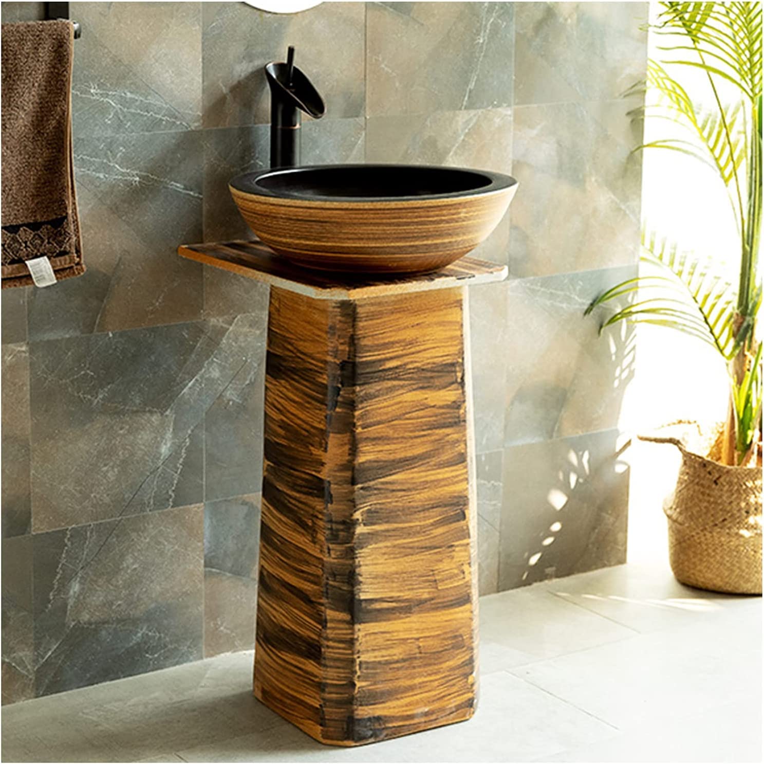 WDSOPK Ceramic Sink Ceramics Basin Style, Retro Creative Column with Faucet and Drain Combo, Hand-Carved Vessel 80 * 40cm